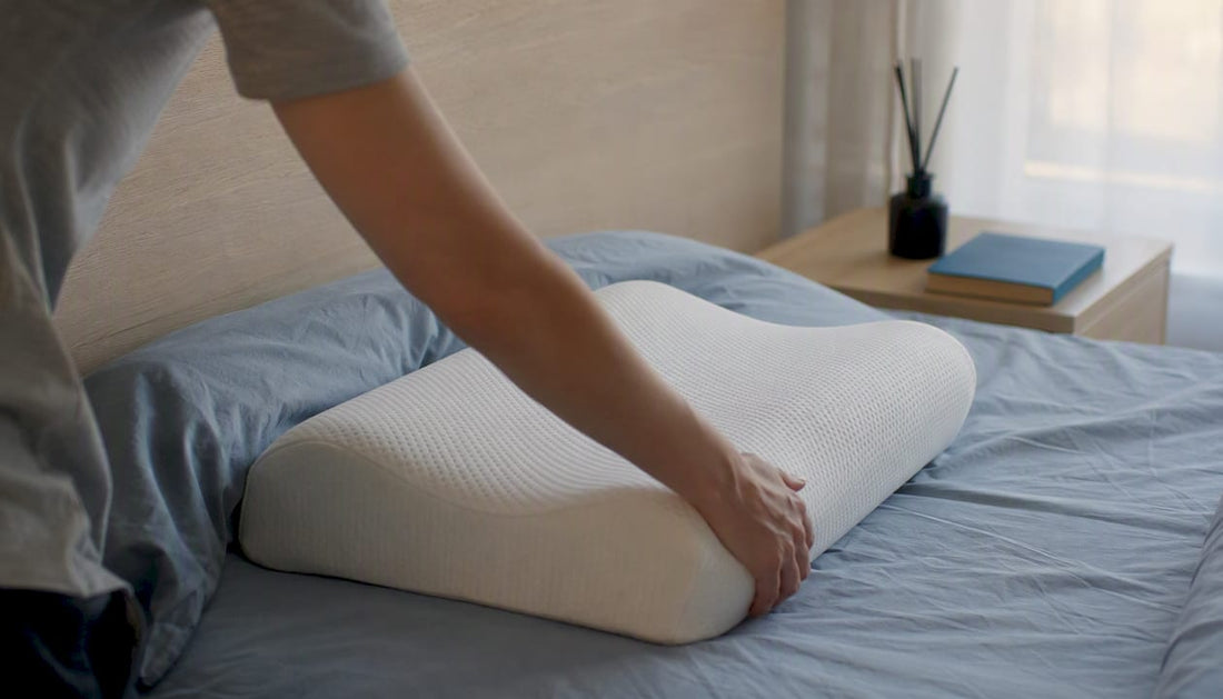 Una mano acomodando una almohada ergonómica para el cuello sobre la cama